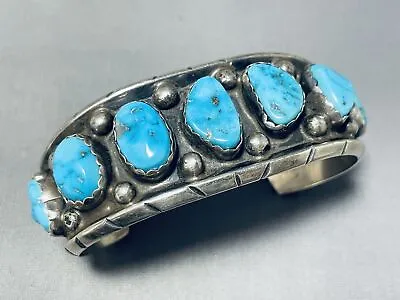 Dramatic Vintage Zuni Morenci Turquoise Sterling Silver Bracelet • £450.06