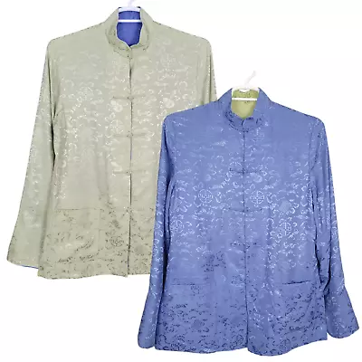 DREAMSACKS Women's Jacket Top M Blue Green Silk Reversible Asian Mandarin Collar • $29.99