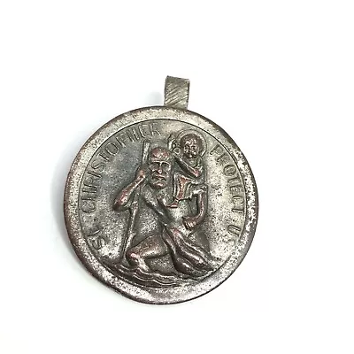 Vintage ST CHRISTOPHER SAINT Catholic MEDALLION Protect Us Truck Car Visor Metal • $28