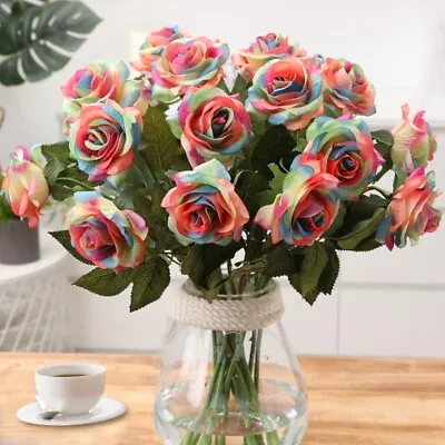 8Pcs Colorful Fake Flowers Bouquet Rainbow Artificial Rose Home Party Decor DIY • £10.49