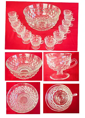 VINTAGE Indiana Glass Punch Bowl & Cups WHITEHALL Clear Cube Prism 13-Piece Set • $62.88