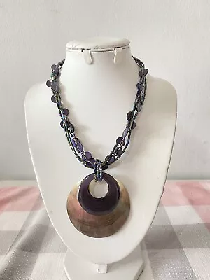 M&S Chunky Disc Abalone Pendant Necklace Petrol Blue Glass Beads  • £8