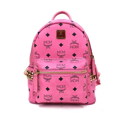 MCM Pink Monogram Gold Stud Leather Stark Backpack Black Visetos Coated Canvas • $392