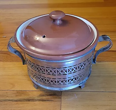 Vintage Brown Pottery Covered Casserole Crock/Bean Pot & Metal Carrier Holder   • $15