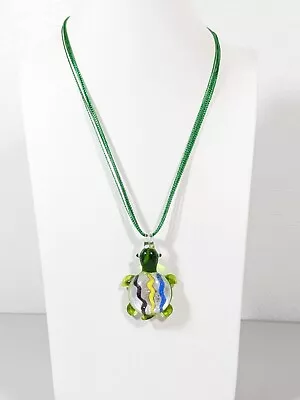 Beachy Coastal Green Dichroic Glass Turtle Pendant Cord Necklace 20 In • $9.09