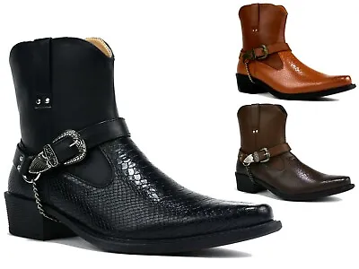 Mens Cowboy Western Boots Side Buckle Chain Cuban Heel Ankle Shoes UK Sizes 6-12 • £26.03