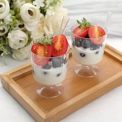 24 Clear 5 Oz Disposable Ribbed Round Plastic Dessert CUPS Spoon Set Party Event • $13.98