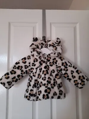 Baby Girl's Coat Jacket Cream Faux Fur Leopard Animal Print Ear 9-12 Months  • £5.99