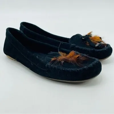 Minnetonka Women's Feather Moc Black Suede Moccasins Size 8 Tassels Slip On • $25