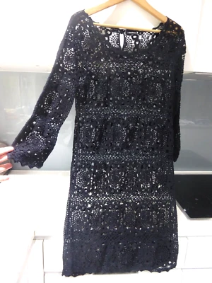 £19.99 • Buy JAEGER Black FLORAL FOLK BOHO ROMANTIC Crochet Tunic Dress Beach Cover Size 12