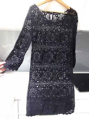 JAEGER Black FLORAL FOLK BOHO ROMANTIC Crochet Tunic Dress Beach Cover Size 12 • £24.99