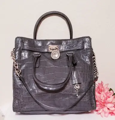 Michael Kors Hamilton Croc Embossed Grey Leather Large Tote Satchel Shoulder Bag • $219.99