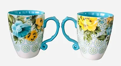 Pioneer Woman ROSE SHADOW Teal Floral Stoneware 24oz Jumbo Latte Cups Mugs Set 2 • $18.75