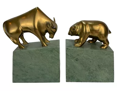 GATCO BULL & BEAR Of Wall Street BOOKENDS Green Marble Brass • $79