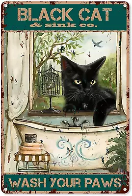 Funny Bathroom Quote Metal Tin Sign Wall Decor - Vintage Black Cat Wash Your Paw • $13.81