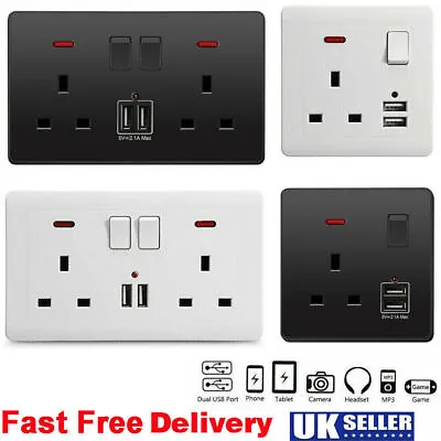 Double Wall Plug Socket 2 Gang 13A W/ 2 Charger USB Ports Outlets Flat Plate UK • £6.69