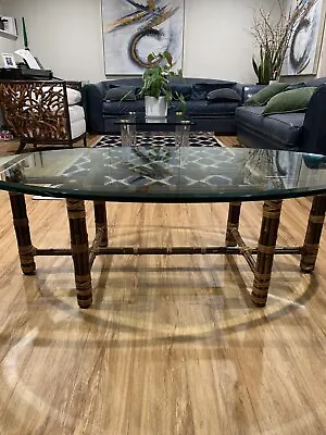 Vintage McGuire Bamboo Oval Glass  Top Cocktail Table  • $3800