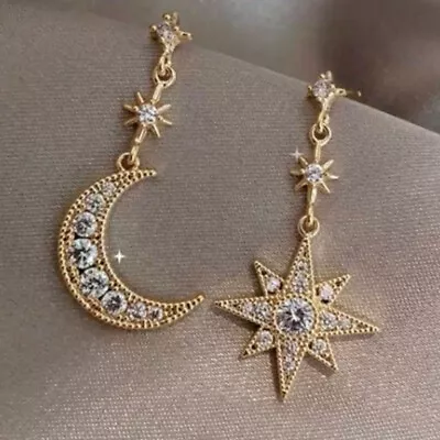 $2.35 • Buy Women Moon Star Cubic Zirconia Drop Earrings Gift 18k Yellow Gold Plated Jewelry
