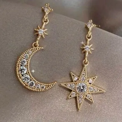 Women Moon Star Cubic Zirconia Drop Earrings Gift 18k Yellow Gold Plated Jewelry • $2.31