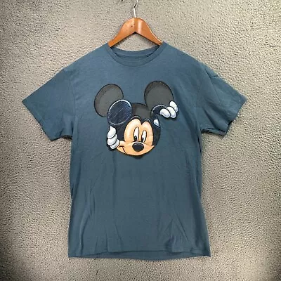 Disney Mickey Mouse T Shirt Adults Medium Blue Double Sided Photo Stand In Logo • $12.59