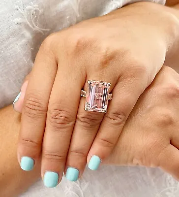 14K Solid Rose Gold Emerald Peach Morganite And Moissanite Ring Prong Set 13.50 • $1644.96