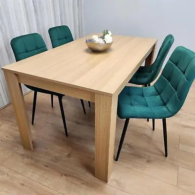 Dining Set Of 4 Oak Effect Dining Table 4 Green Velvet Chairs Dining Furniture • £209.99