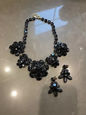 J Crew Floral Black Enamel  Stone Statement Flower Collar Necklace With Earrings • $85