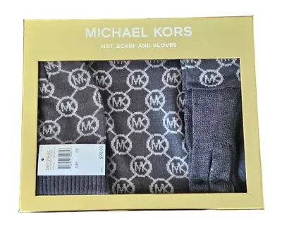 SET MICHAEL KORS 3-Piece Gold Box Scarf  Hat & Gloves MK LOGO Gray / White $98 • $48.78