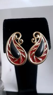 Monet Black & Gold Red Enamel Swirl Clip On Earrings • $21