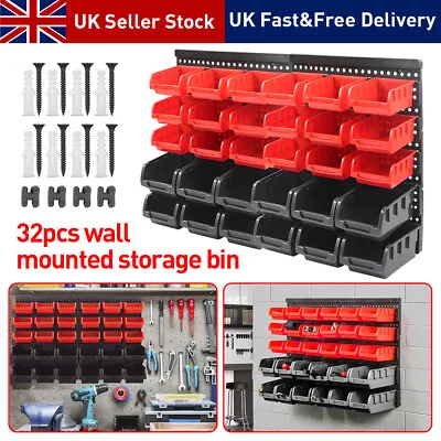 32x WALL MOUNTED GARAGE STORAGE BIN WORKSHOP ORGANISER RACK DIY TOOL BOXES • £19.59