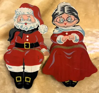 Vintage Santa And Mrs Claus Wood Shelf Sitters Or Hang On Wall Christmas Decor • $25.49