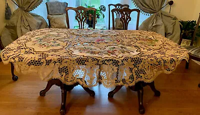 Vintage Handmade Tablecloth Woven Fruit Insets Italian Needle Lace 86”x67” • $749.95