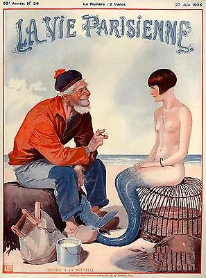 1925 La Vie Parisienne Fisherman And Mermaid France Travel Advertisement Poster • $10.49