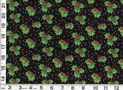 Holly & Red Berries On Black Christmas Quilting Sewing Fabric By Yard #3217 • $5.36