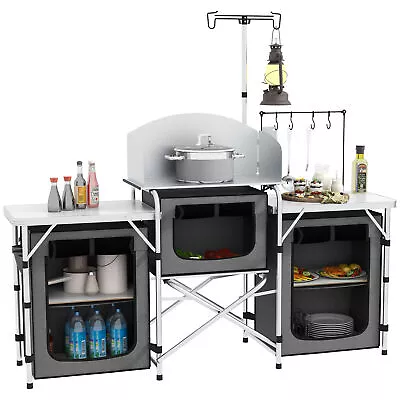 Outsunny Portable Folding Camping Kitchen With Windshield Light Stand Carry Bag • £85.99