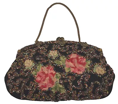 Vintage 1950’s La France Black Handbag Purse Rainbow Beads Roses Floral • $45.97