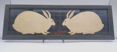 $32.50 • Buy Warren Kimble Primitive Two Bunnies Rabbits Folk Art Framed Cottage Core 21 X 8 