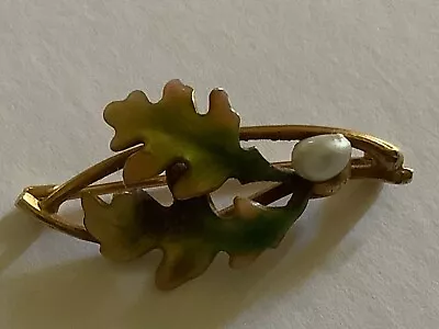 Antique Krementz 14k Yellow Gold Green Enamel Oak Leaf W/Seed Pearl Pin • $174.99