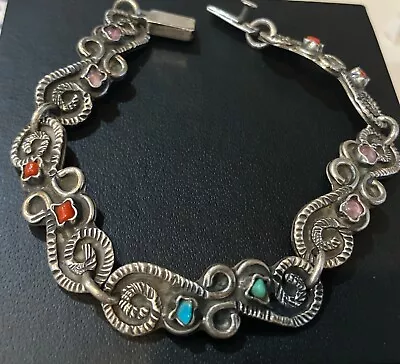 Vintage Mexico Sterling Silver Turquoise Coral & Amethyst Matl Style Bracelet • $95