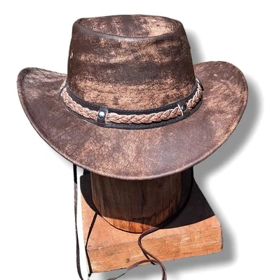 £22.99 • Buy Leather Hat Wilds Crushable Brown Cow Hide Distressed Chin Strap Men's Women UK