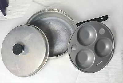 Mirro 7-1/2  Aluminum 3 Egg Poaching Pan & Lid Vintage Poacher Poached Eggs • $17.15