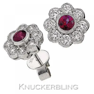 1.15ct Ruby And Diamond Daisy Earrings For Pierced Ears Set In 18ct White Gold • £1620