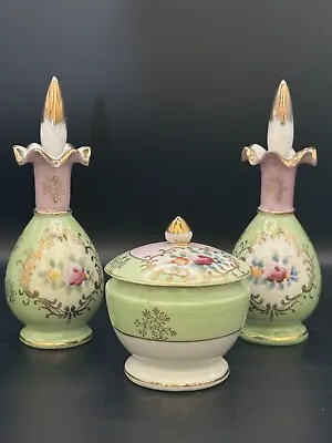 Vintage Porcelain Vanity Set With Gold Trim 2 Perfume Bottles And Powder Box • $29.99