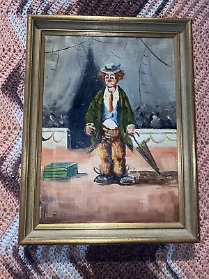 Framed Vintage Antique Clown At Circus Oil Painting Gold Wood Frame • $125