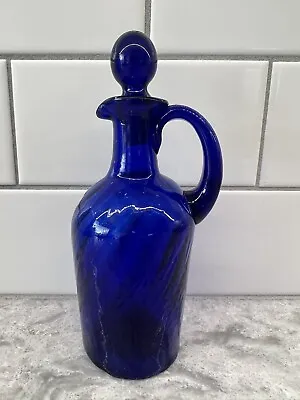 Hand Blown Blue Spiral Glass Oil Or Vinegar Cruet Decanter Bottle W Stopper • $32.50