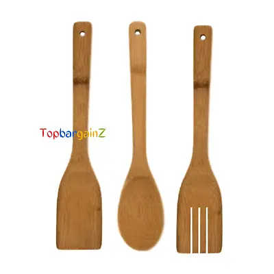 £3.49 • Buy Spoon Slotted Turner Spatula Bamboo Cooking Utensil Set Wooden Kitchen Tools 3pc