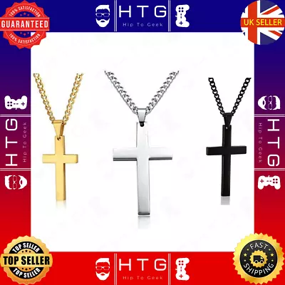 Mens Women Chain Necklace Black Cross Stainless Steel Pendant Crucifix Jesus UK • £2.99