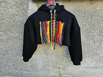 $795 PALM ANGELS X MISSONI Cropped Melted Fringe Logo Women's Hoodie Size M • $285