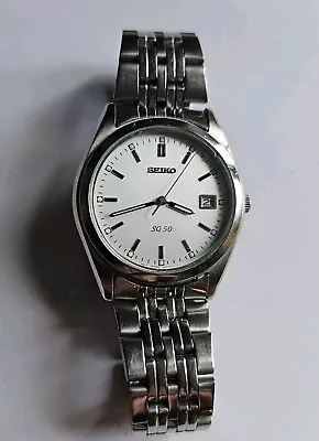 Seiko SQ50 Mens Silver Watch - Good Condition New Renata Battery Fitted 17/4/24 • £39