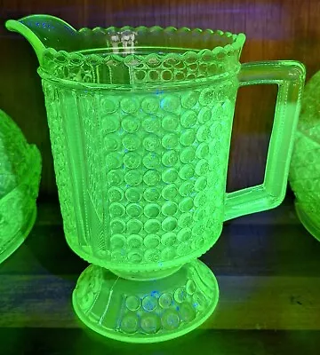 Richards & Hartley 1885 Vaseline Uranium Glass 8.5  Pitcher 3 Panel Button Daisy • $26